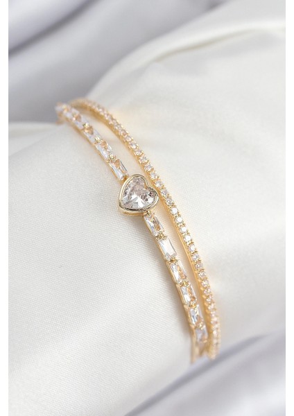Pirinç Zirkon Taşlı Kalp Model Gold Renk Kadın Bileklik - TJ-BB7873