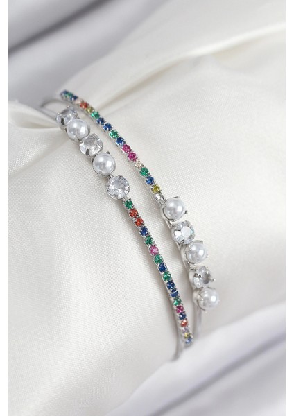 Pirinç Zirkon Taşlı Inci Model Gümüş Renk Kadın Bileklik - TJ-BB7876