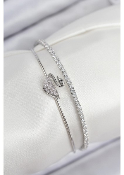 Pirinç Zirkon Taşlı Kuğu Model Gümüş Renk Kadın Bileklik - TJ-BB7890