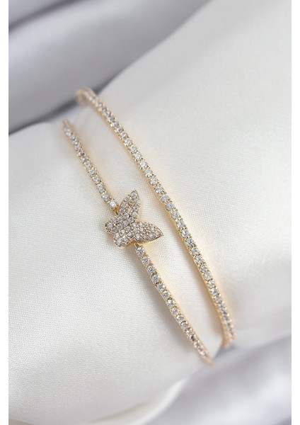 Pirinç Zirkon Taşlı Kelebek Model Gold Renk Kadın Bileklik - TJ-BB7891