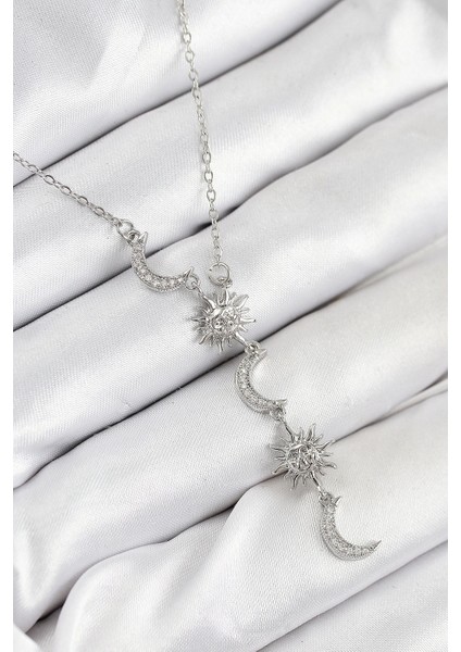 316L Çelik Zirkon Taşlı Güneş ve Ay Model Gümüş Renk Kadın Kolye - TJ-BKO10549