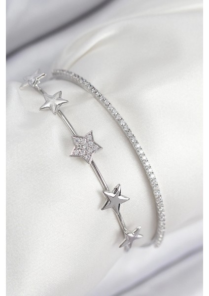Pirinç Zirkon Taşlı Yıldız Model Gümüş Renk Kadın Bileklik - TJ-BB7878