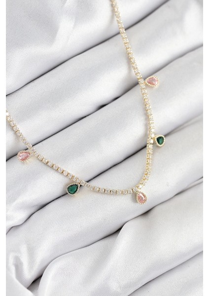 Pirinç Zirkon Taşlı Su Yolu Damla Model Gold Renk Kadın Kolye - TJ-BKO10545