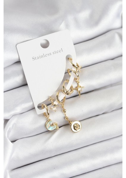 Pirinç Gold Renk Ay Model Kadın Set Küpe - TJ-BKP11219
