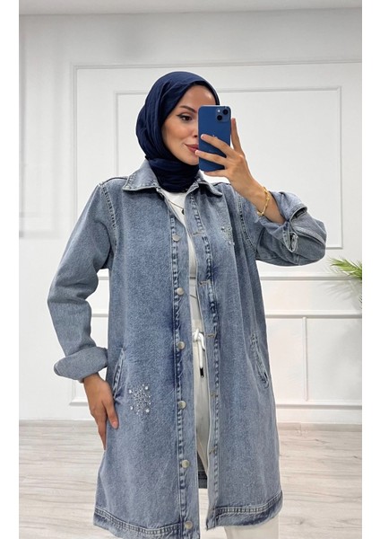 Taşlı Tunik Ceket Kar Yıkama Orta Mavi D2516