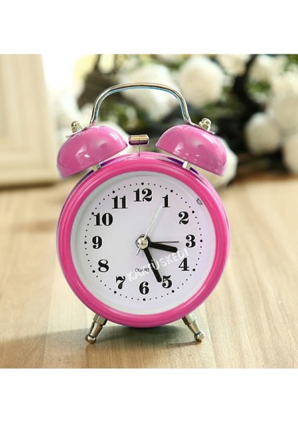 Mini Dekoratif Metal Işıklı Alarmlı Yuvarlak Masa Saati - Çalar Saat Pudra 7170621