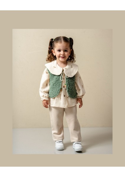 Kız Bebek Peluş Yelekli Bebe Yaka Takım
