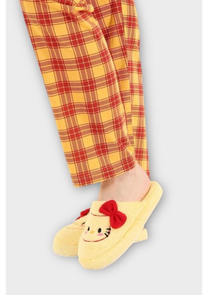 Hellokitty Figürlü Sıcak Tutan Kışlık Kadın Ev Terliği Sarı - Kırmızı