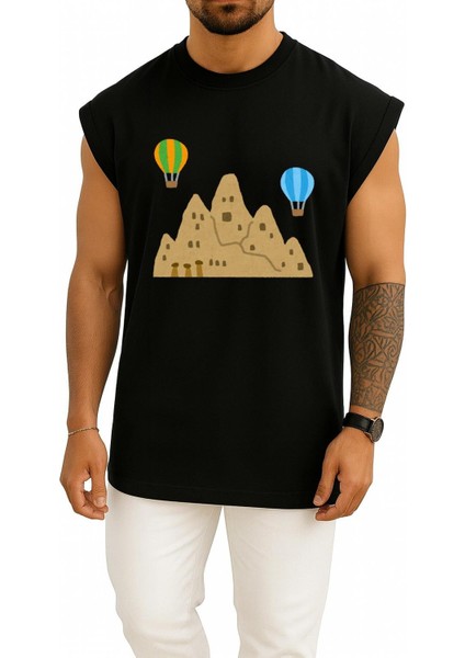 Oversize Kapadokya Peri Bacaları ve Balonlar Göğüs Tasarımlı Atlet