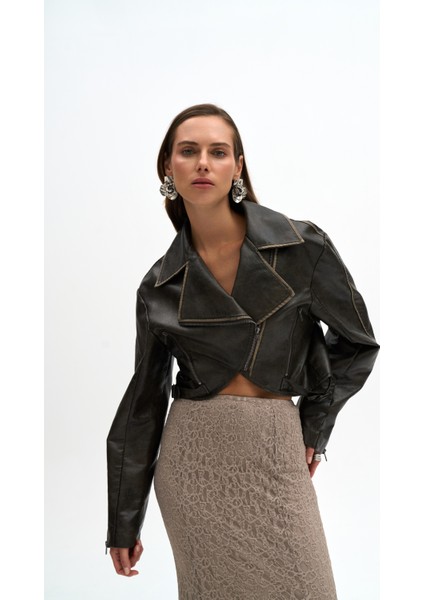 Carnas Asimetrik Antrasit Suni Deri Ceket