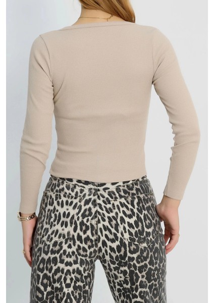 V Yaka Kaşkorse Bluz Bej A3699 fırsatları