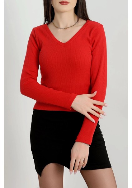 V Yaka Kaşkorse Bluz Kırmızı A3699