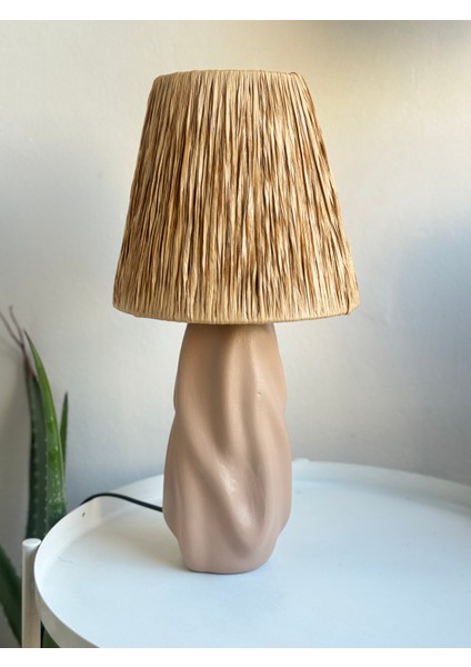 Hasır Başlıklı Ham Seramik Dalgalı Abajur