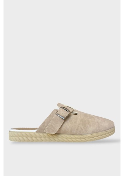 Kemerli Tokalı Nubuk Kadın Ev Terliği Bej