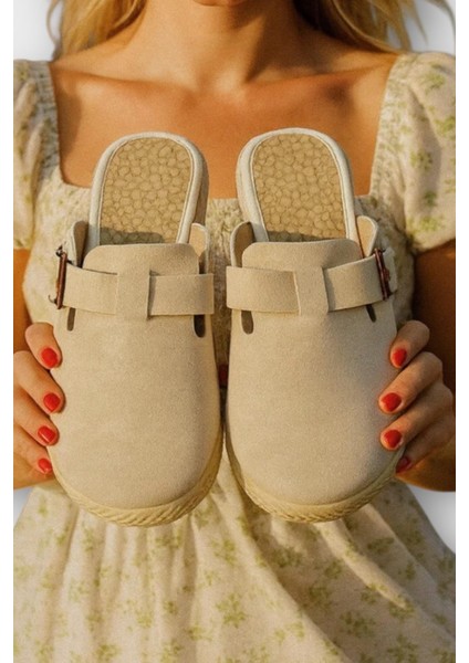 Kemerli Tokalı Nubuk Kadın Ev Terliği Bej indirimleri