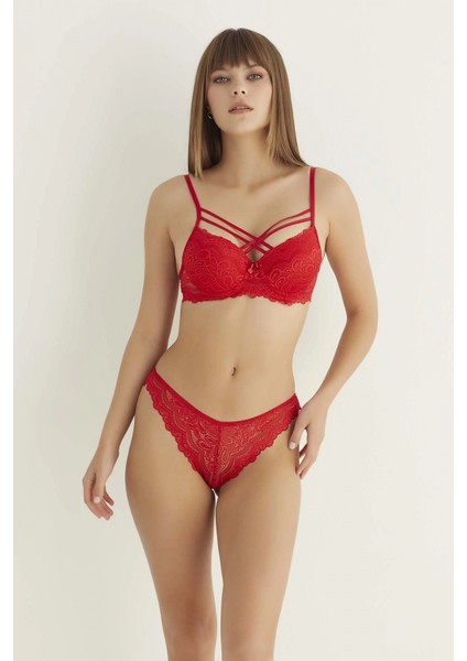 Kırmızı Destekli Çift Çapraz Dantelli Sütyen Takımı 4307