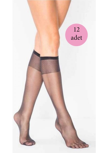 12 Adet Kadın Diz Altı Parlak Fit 15 Denye Çorap Siyah