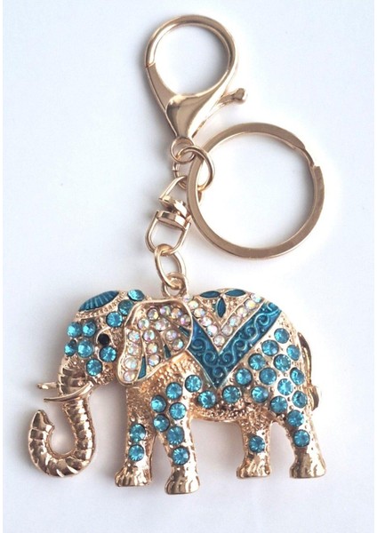 Lüks Taşlı Fil Anahtarlık & Çanta Süsü - Mavi 10,5 cm