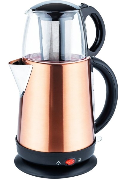 Bronz ve Çelik Gövdeli Elektrikli Çay Makinesi, Cam Demlik ile Birlikte 1.7l ve 1.2l