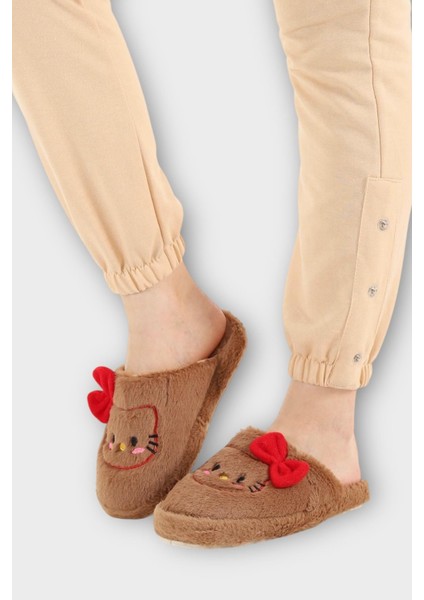 Hellokitty Figürlü Sıcak Tutan Kışlık Kadın Ev Terliği Kahverengi-Kırmızı