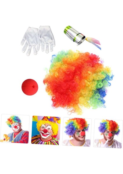 Palyaço Saç, Burun, Eldiven, Baston Seti 4'lü