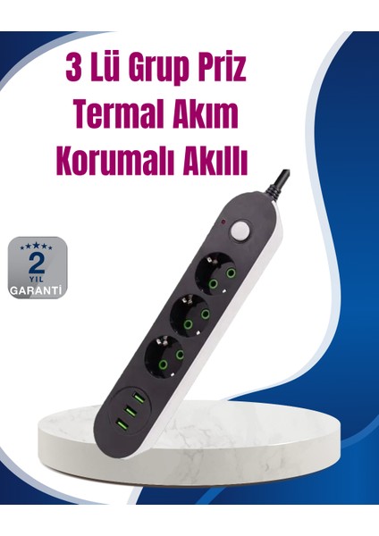 3 USB Çıkışlı Hızlı Şarjlı Anahtarlı Üçlü Priz
