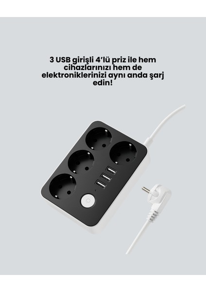 4 Prizli 3 USB Portlu Anahtarlı Akım Korumalı Priz fiyatları