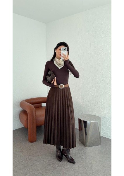 Kemerli Kahverengi Süet Etek