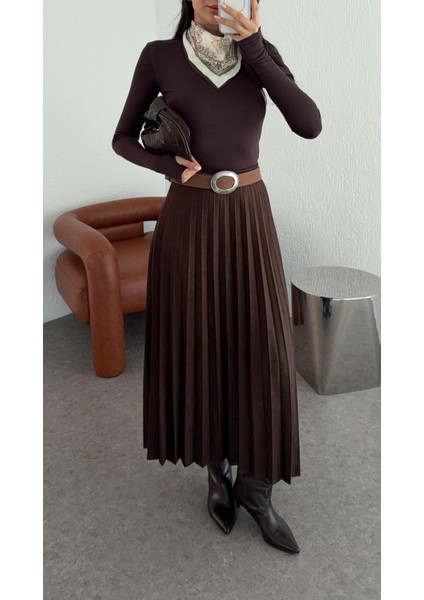 Kemerli Kahverengi Süet Etek modelleri