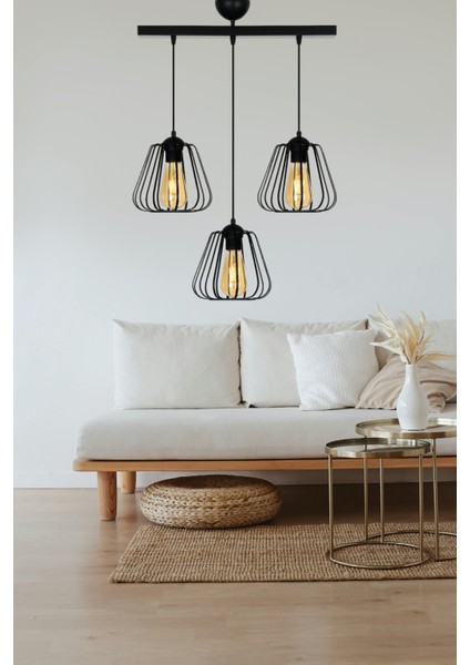 Turna 3’lü Modern Camsız Sıralı Sarkıt Avize – Siyah, Metal Gövde, Paslanmaz ve Şık Tasarım