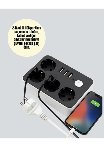 4 Prizli 3 USB Portlu Anahtarlı Akım Korumalı Priz modelleri