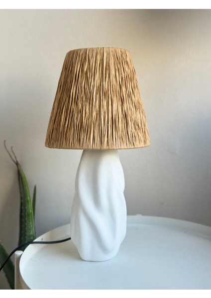 Hasır Başlıklı Ham Seramik Dalgalı Abajur