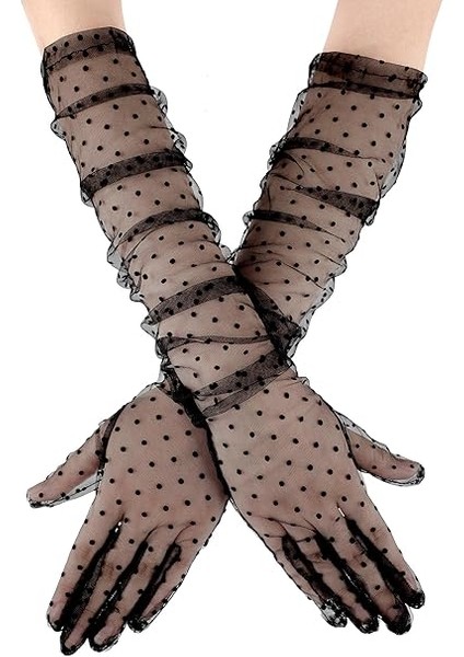 Uzun Siyah Puantiyeli Yetişkin Tül Eldiven modelleri