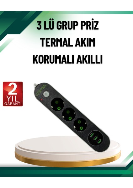 Akım Korumalı Anahtarlı USB Girişli Üçlü Priz