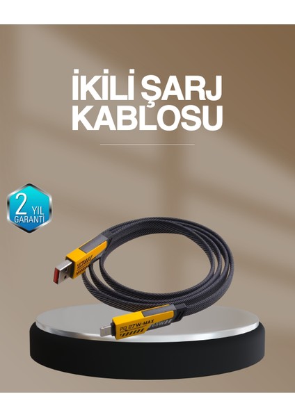 Hızlı Şarj Destekli 65W Örgülü Usb-C ve Usb-A Çoklu Şarj Kablosu