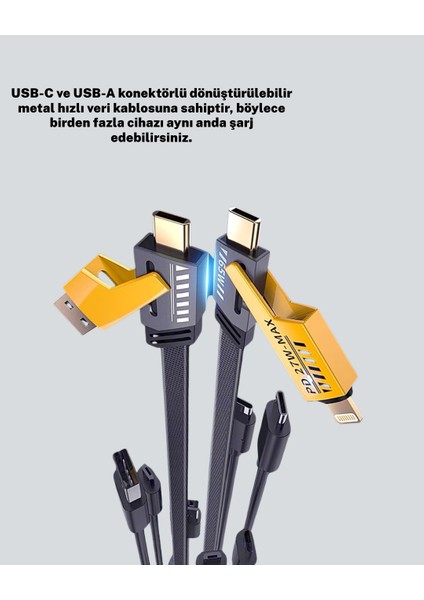 Hızlı Şarj Destekli 65W Örgülü Usb-C ve Usb-A Çoklu Şarj Kablosu fiyatları