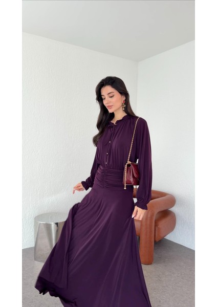 Fırfırlı Yaka Maxi Mürdüm Elbise