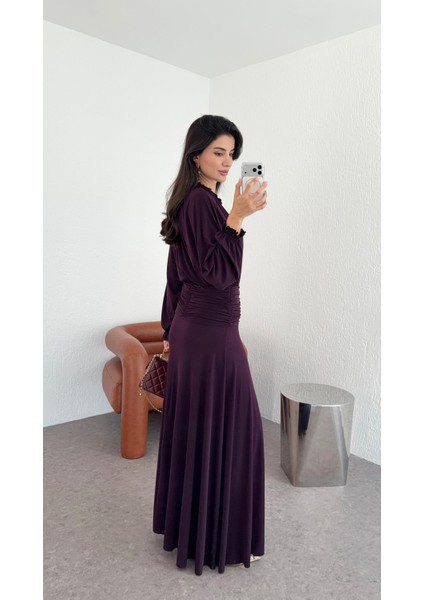 Fırfırlı Yaka Maxi Mürdüm Elbise fiyatları