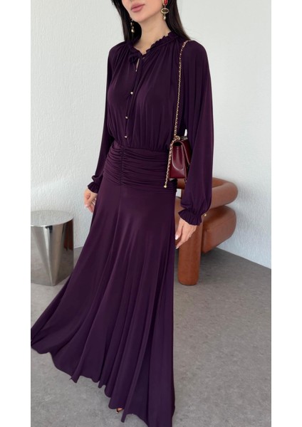 Fırfırlı Yaka Maxi Mürdüm Elbise modelleri