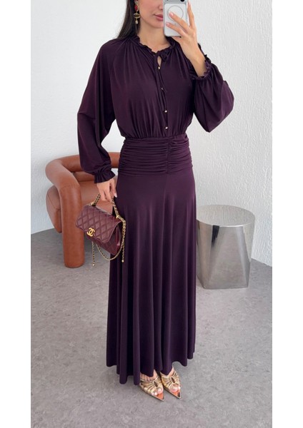 Fırfırlı Yaka Maxi Mürdüm Elbise fırsatları