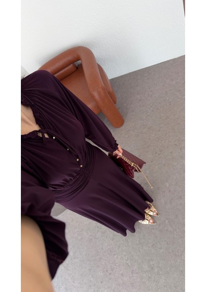 Fırfırlı Yaka Maxi Mürdüm Elbise indirimleri