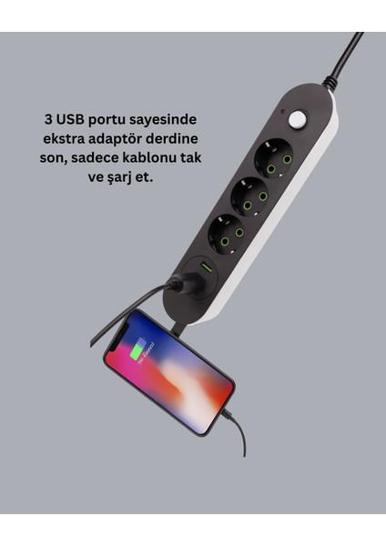 USB Yuvalı Anahtarlı Üçlü Priz 2 Metre Kablolu fırsatları