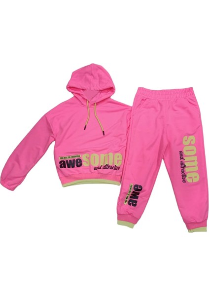Kız Çocuk Pembe Renk Awesome Yazı Desenli Kapüşonlu Crop Model Eşofman Takımı
