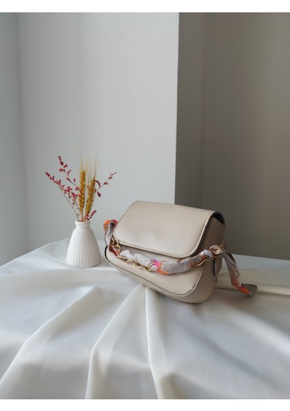 Mini Fular Detaylı Bej Deri Kadın El, Omuz, Clutch Çanta