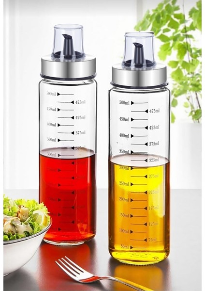 Cam Yağdanlık 2'li Set – Metal Kapaklı, Damlatmaz, Isıya Dayanıklı, Ölçülü Akıllı Yağlık 550 ml (Zeytinyağı, Sirke, Ayçiçek Yağı)