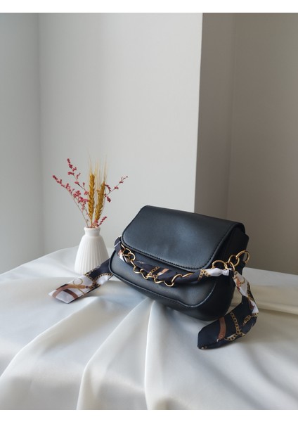Mini Fular Detaylı Siyah Deri Kadın El, Omuz, Clutch Çanta