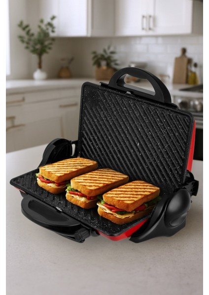 Çift Taraflı 180° Açılabilen 1800W Izgara ve Tost Makinesi, Şık Kırmızı ve Beyaz Renk