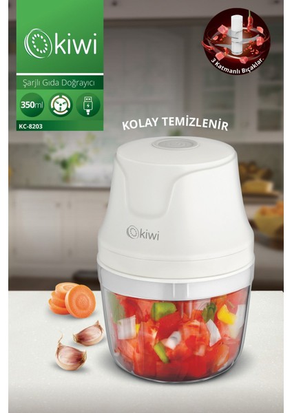 Şarjlı 3 Bıçaklı 350 ml Gıda Doğrayıcı Blender Beyaz
