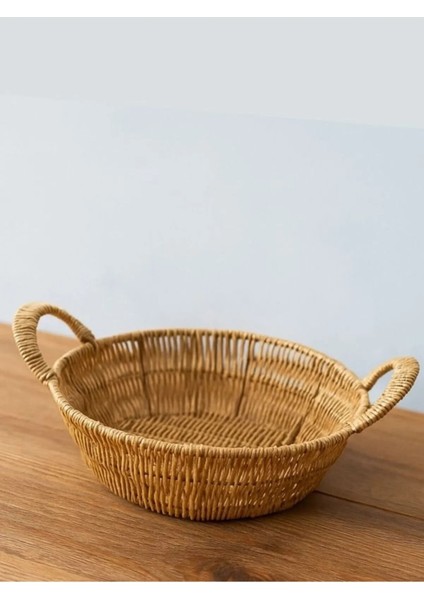 Yuvarlak (Plastik Hasır) Ekmek & Çok Amaçlı Sepet (Kulplu, Metal Iskelet, 18X24X8 Cm)