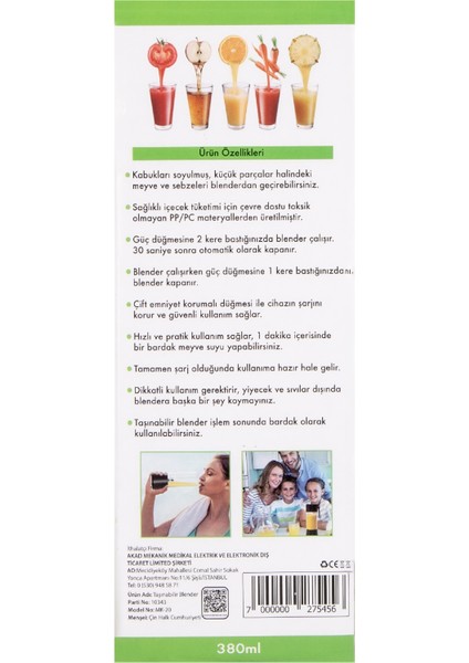 Taşınabilir Şarjlı Blender Mk-20 Siyah, Kompakt ve Kullanışlı Mutfak Aleti